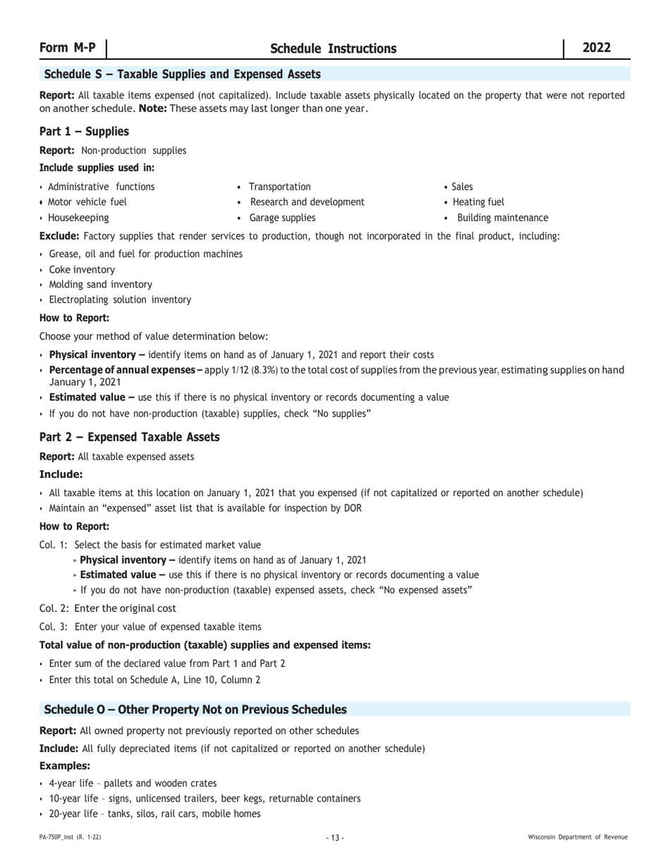 Instructions for Form M-P, PA-750P Wisconsin Manufacturing Personal Property Return - Wisconsin, Page 13