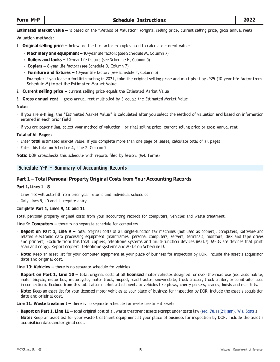 Instructions for Form M-P, PA-750P Wisconsin Manufacturing Personal Property Return - Wisconsin, Page 15