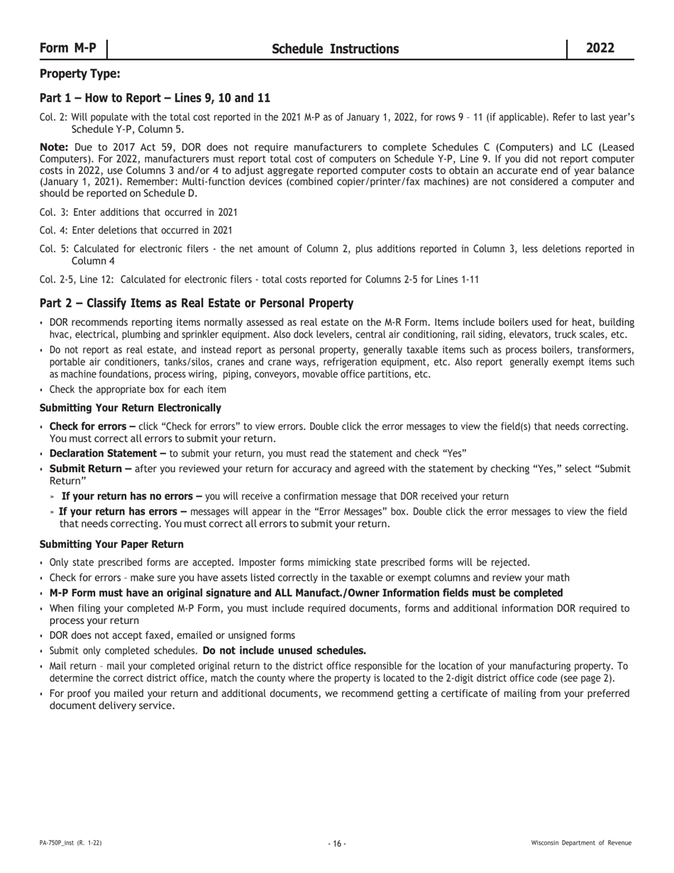 Instructions for Form M-P, PA-750P Wisconsin Manufacturing Personal Property Return - Wisconsin, Page 16