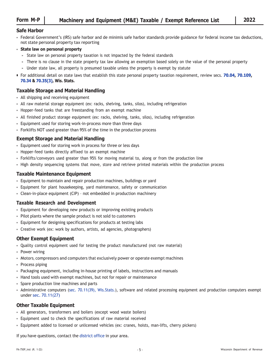 Instructions for Form M-P, PA-750P Wisconsin Manufacturing Personal Property Return - Wisconsin, Page 5