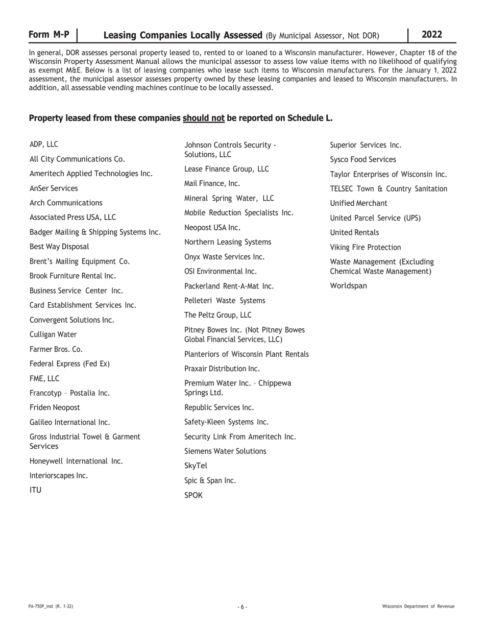Instructions for Form M-P, PA-750P Wisconsin Manufacturing Personal Property Return - Wisconsin, Page 6