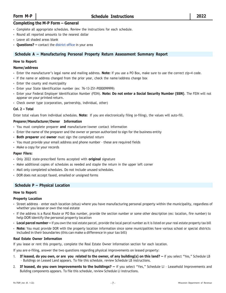 Instructions for Form M-P, PA-750P Wisconsin Manufacturing Personal Property Return - Wisconsin, Page 7