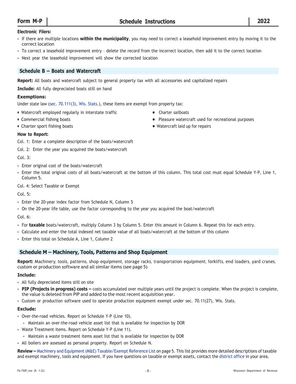 Instructions for Form M-P, PA-750P Wisconsin Manufacturing Personal Property Return - Wisconsin, Page 9