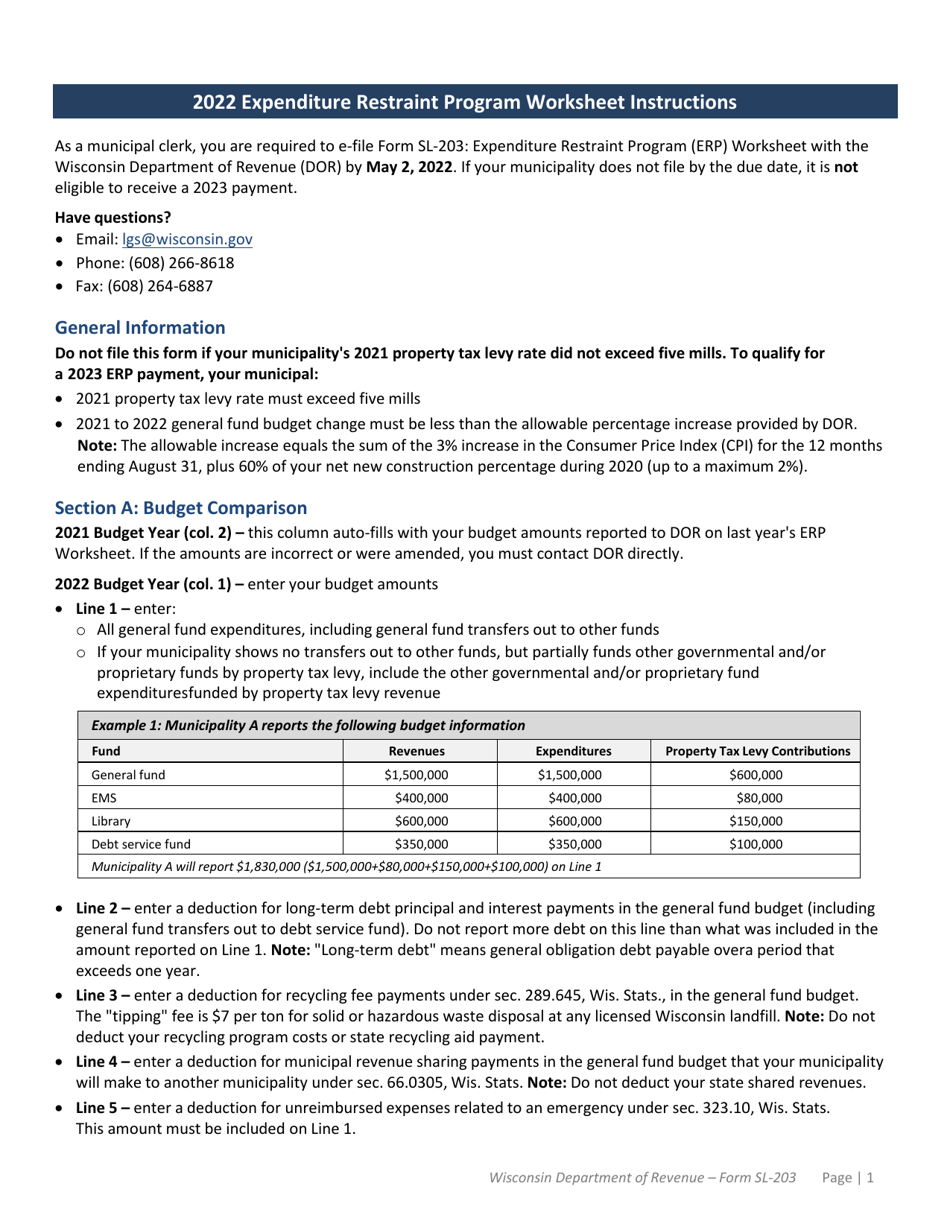 Instructions for Form SL-203 Expenditure Restraint Program Worksheet - Wisconsin, Page 1