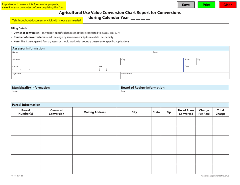 Form PR-401 Agricultural Use Value Conversion Chart Report for Conversions - Wisconsin, Page 1