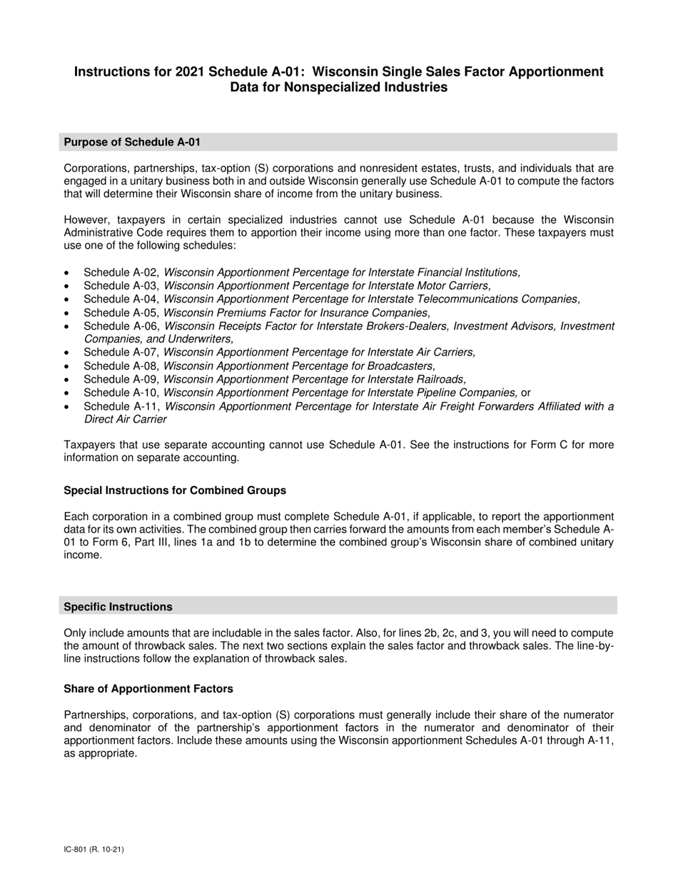 Instructions for Form IC-043 Schedule A-01 Wisconsin Single Sales Factor Apportionment Data for Nonspecialized Industries - Wisconsin, Page 1