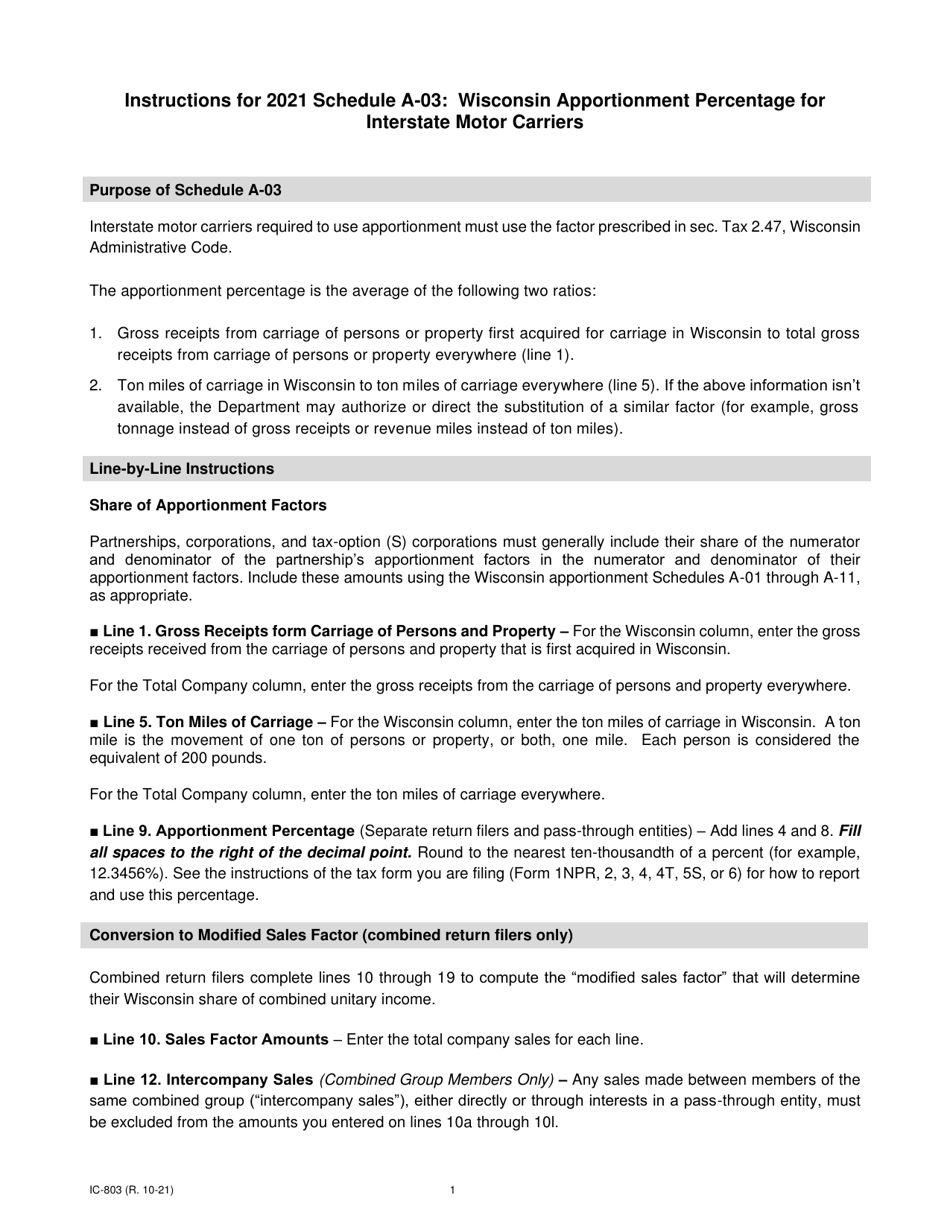 Instructions for Form IC-301 Schedule A-03 Wisconsin Apportionment Percentage for Interstate Motor Carriers - Wisconsin, Page 1