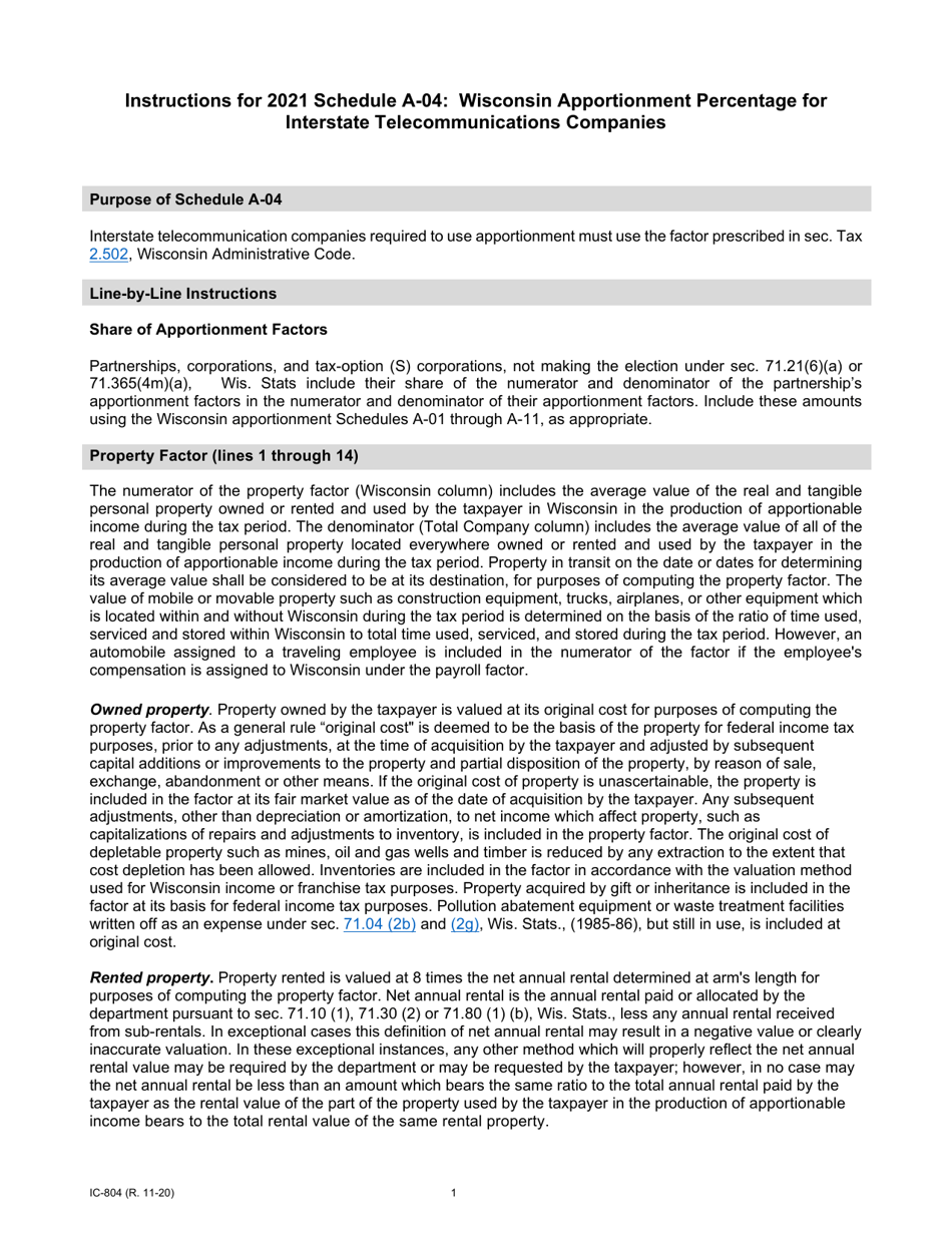 Instructions for Form IC-302 Schedule A-04 Wisconsin Apportionment Percentage for Interstate Telecommunications Companies - Wisconsin, Page 1