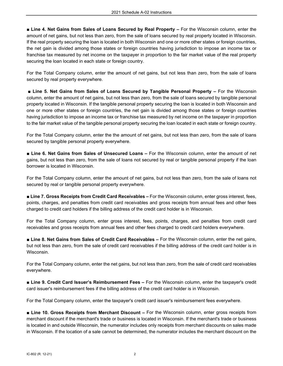 Instructions for Form IC-300 Schedule A-02 Wisconsin Apportionment Percentage for Interstate Financial Institutions - Wisconsin, Page 2
