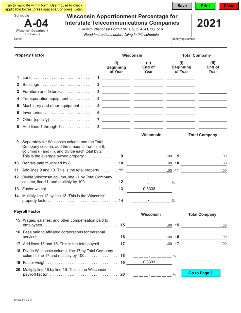 Form IC-302 Schedule A-04 Wisconsin Apportionment Percentage for Interstate Telecommunications Companies - Wisconsin, Page 1