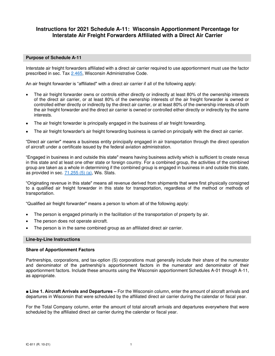 Instructions for Form IC-309 Schedule A-11 Wisconsin Apportionment Percentage for Interstate Air Freight Forwarders Affiliated With a Direct Air Carrier - Wisconsin, Page 1