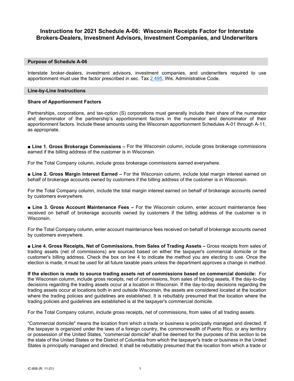 Instructions for Form IC-304 Schedule A-06 Wisconsin Receipts Factor for Interstate Brokers-Dealers, Investment Advisors, Investment Companies, and Underwriters - Wisconsin, Page 1