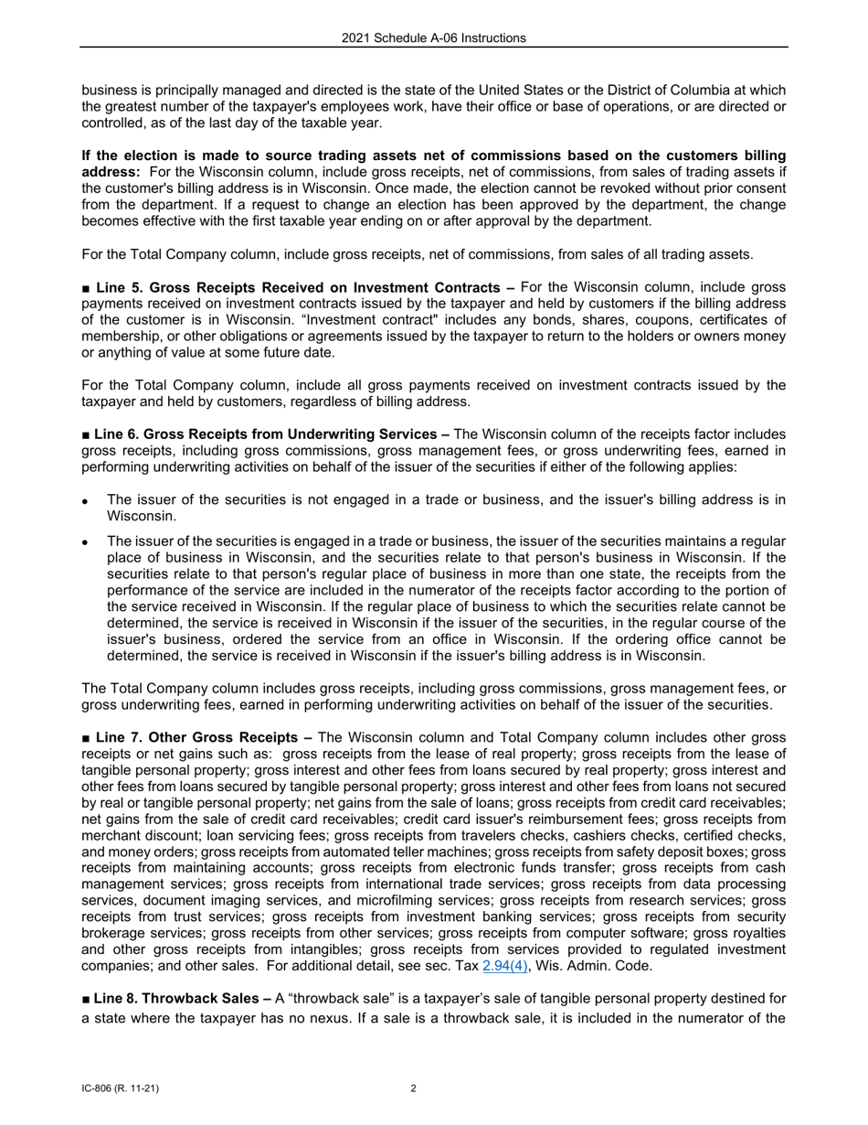 Instructions for Form IC-304 Schedule A-06 Wisconsin Receipts Factor for Interstate Brokers-Dealers, Investment Advisors, Investment Companies, and Underwriters - Wisconsin, Page 2