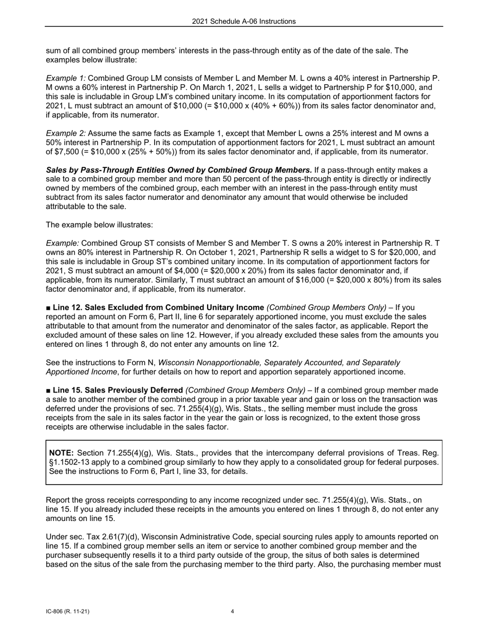 Instructions for Form IC-304 Schedule A-06 Wisconsin Receipts Factor for Interstate Brokers-Dealers, Investment Advisors, Investment Companies, and Underwriters - Wisconsin, Page 4