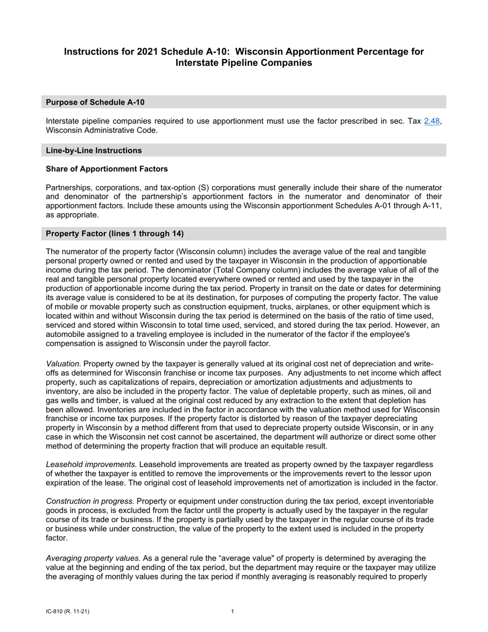 Instructions for Form IC-308 Schedule A-10 Wisconsin Apportionment Percentage for Interstate Pipeline Companies - Wisconsin, Page 1