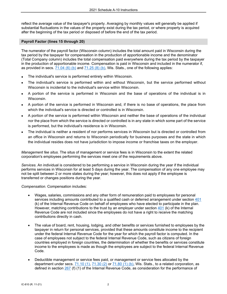 Instructions for Form IC-308 Schedule A-10 Wisconsin Apportionment Percentage for Interstate Pipeline Companies - Wisconsin, Page 2