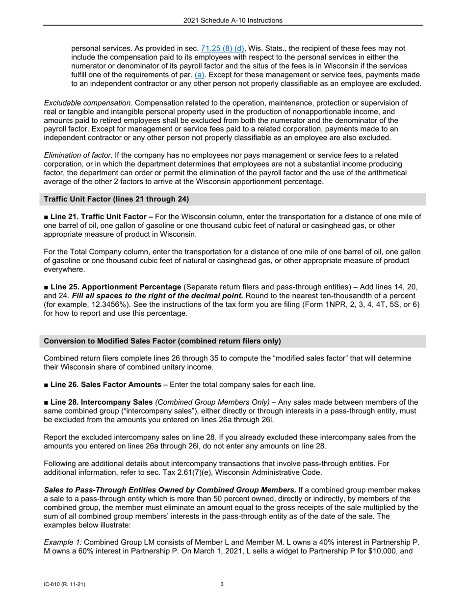 Instructions for Form IC-308 Schedule A-10 Wisconsin Apportionment Percentage for Interstate Pipeline Companies - Wisconsin, Page 3