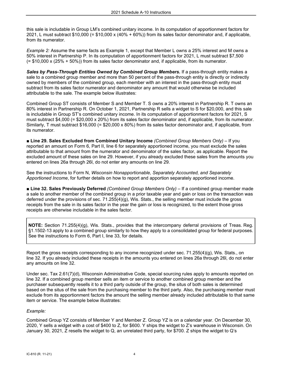 Instructions for Form IC-308 Schedule A-10 Wisconsin Apportionment Percentage for Interstate Pipeline Companies - Wisconsin, Page 4