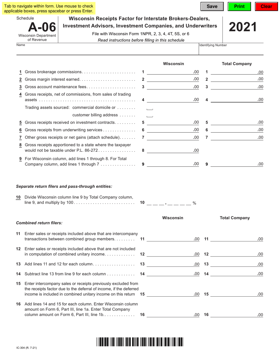 Form IC-304 Schedule A-06 Wisconsin Receipts Factor for Interstate Brokers-Dealers,investment Advisors, Investment Companies, and Underwriters - Wisconsin, Page 1