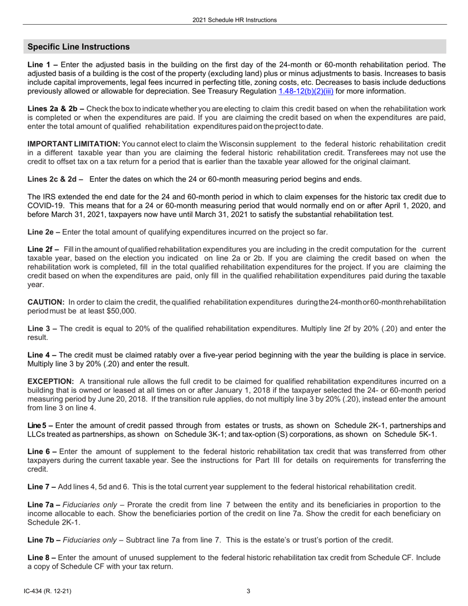 Instructions for Form IC-034 Schedule HR Wisconsin Historic Rehabilitation Credits - Wisconsin, Page 3