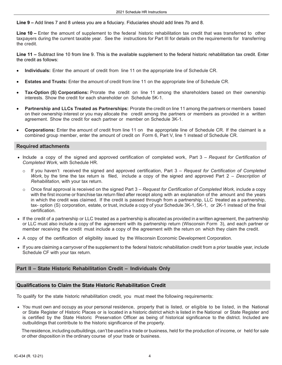 Instructions for Form IC-034 Schedule HR Wisconsin Historic Rehabilitation Credits - Wisconsin, Page 4