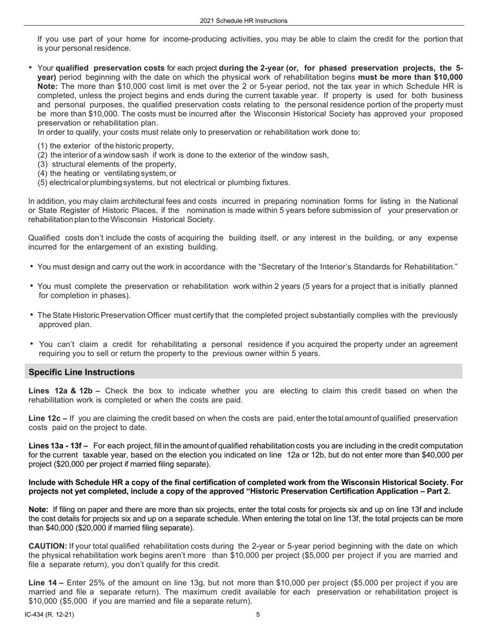 Instructions for Form IC-034 Schedule HR Wisconsin Historic Rehabilitation Credits - Wisconsin, Page 5