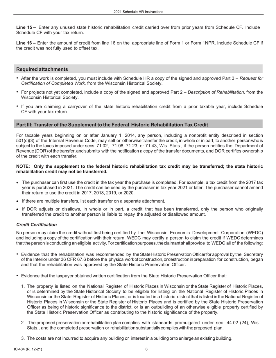 Instructions for Form IC-034 Schedule HR Wisconsin Historic Rehabilitation Credits - Wisconsin, Page 6