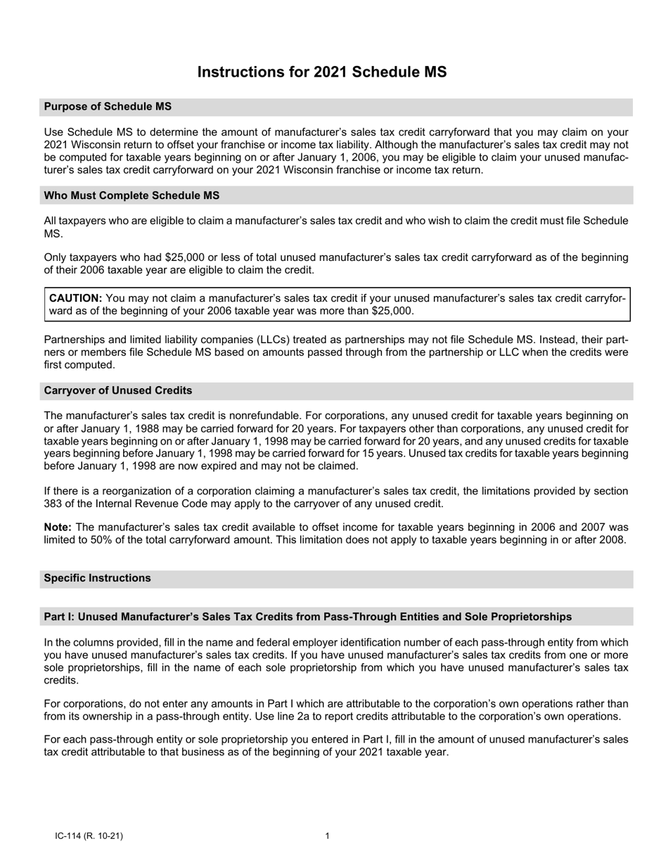 Instructions for Form IC-014 Schedule MS Wisconsin Manufacturers Sales Tax Credit Carryforward Allowable - Wisconsin, Page 1