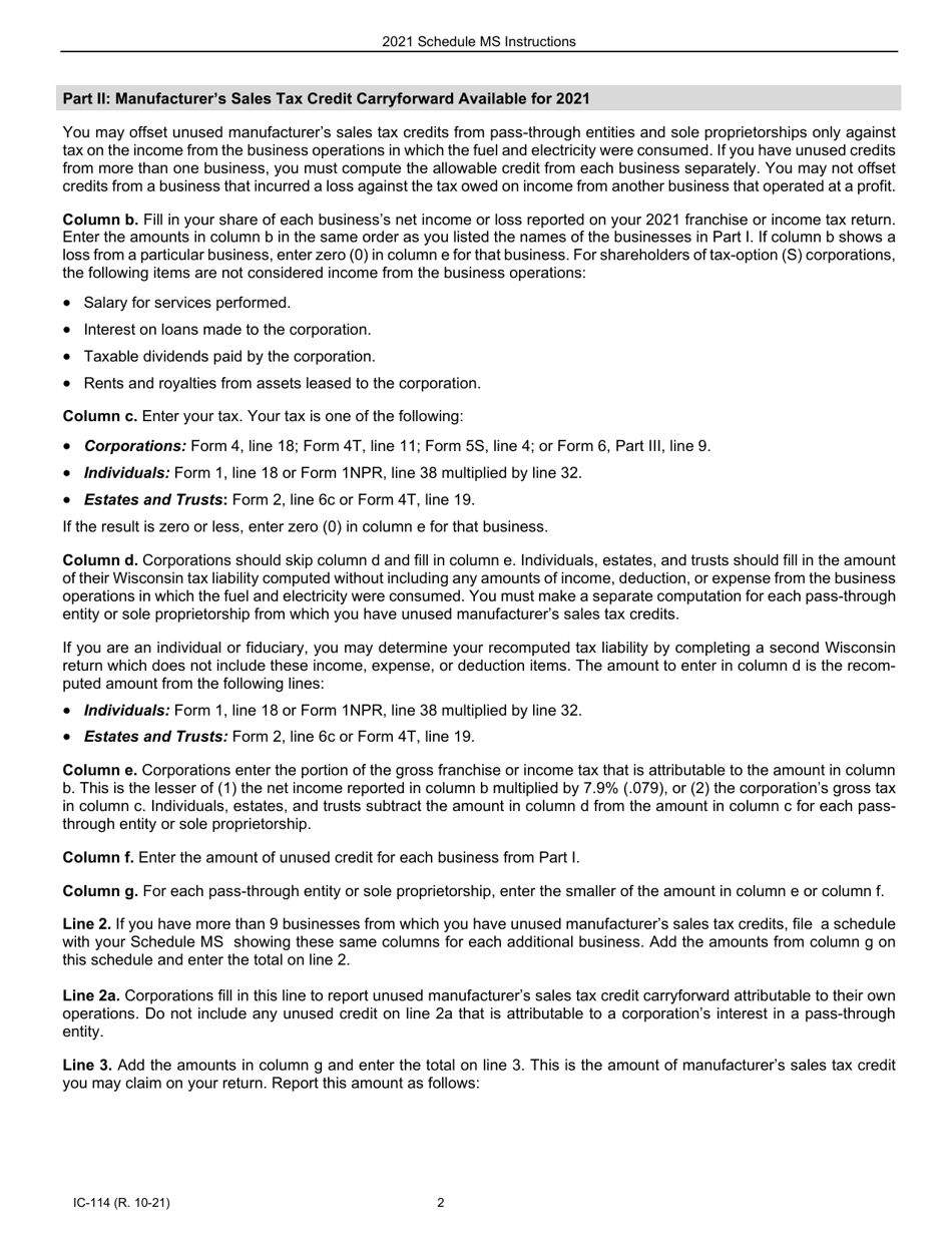 Instructions for Form IC-014 Schedule MS Wisconsin Manufacturers Sales Tax Credit Carryforward Allowable - Wisconsin, Page 2