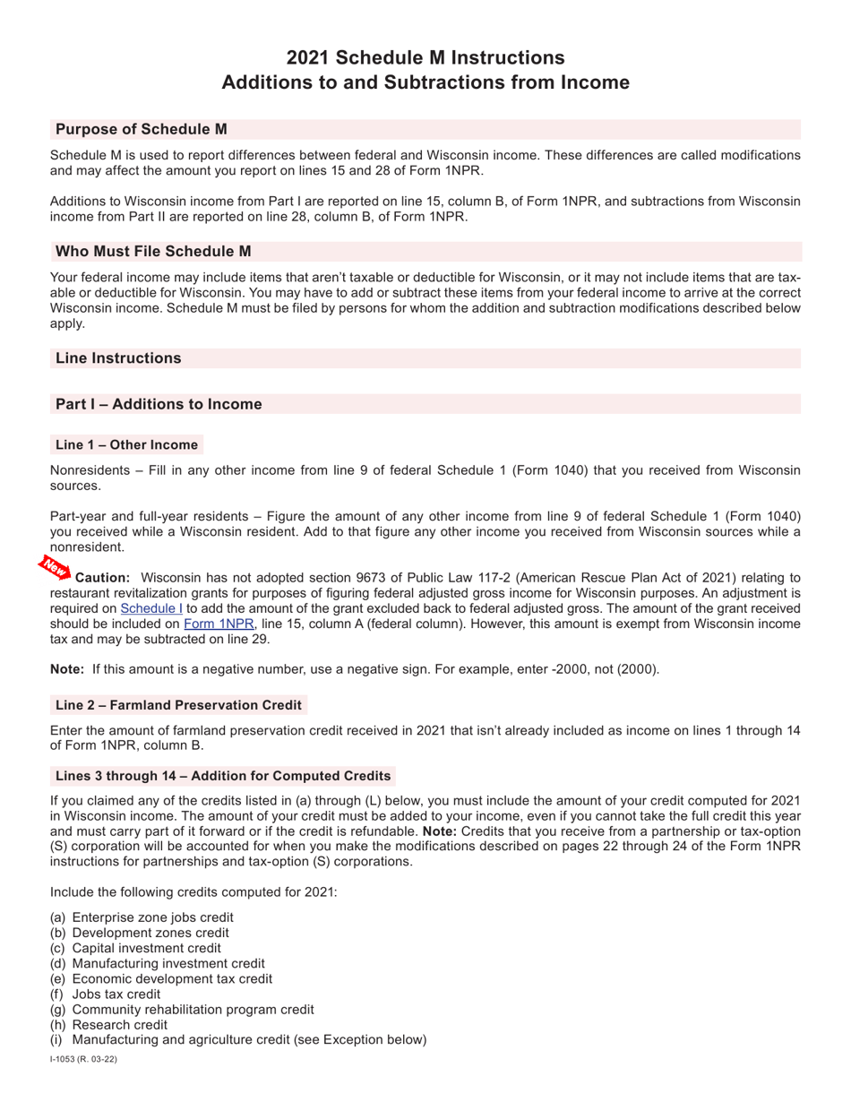 Instructions for Form I-053I Schedule M Additions to and Subtractions From Income - Wisconsin, Page 2