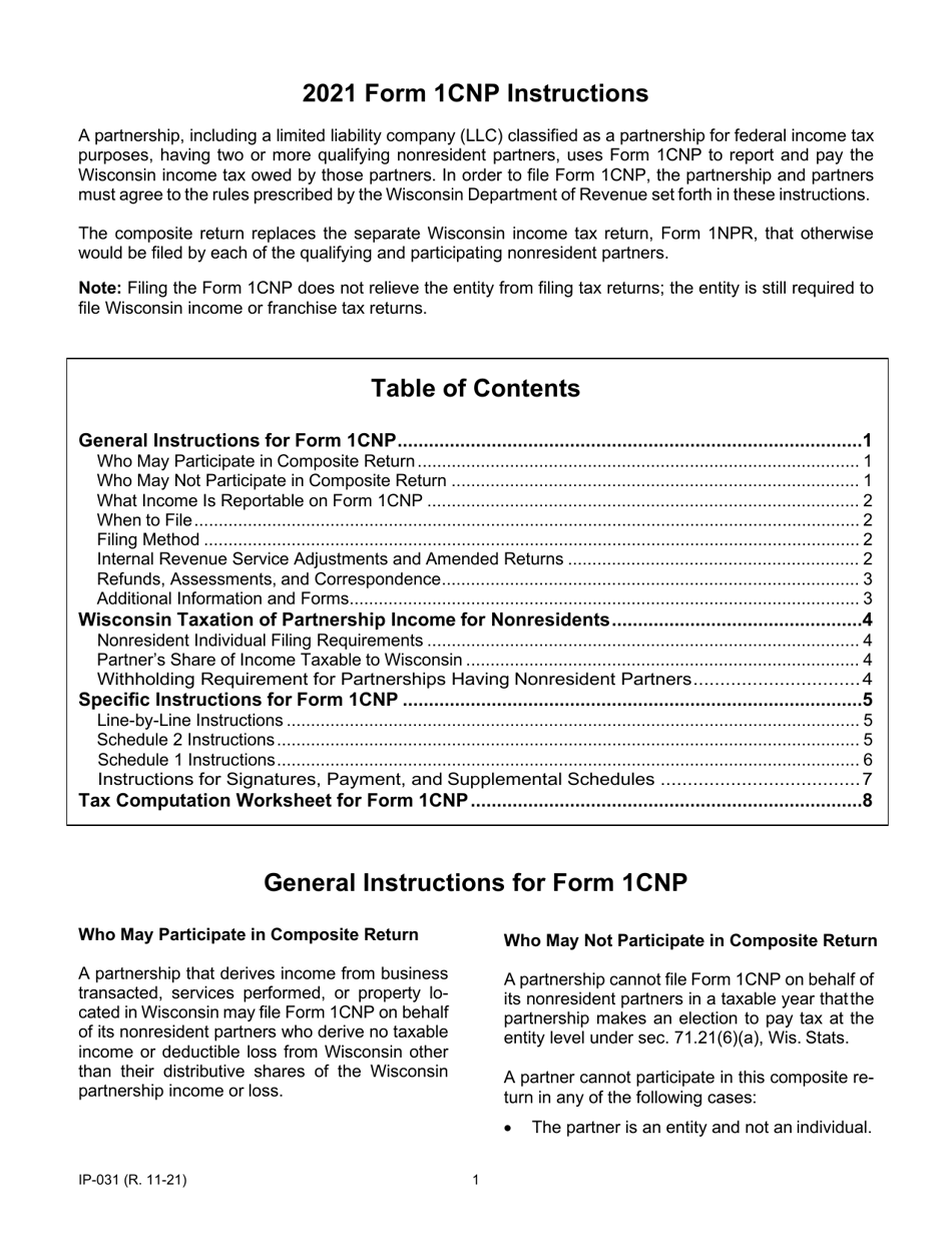 Instructions for Form 1CNP, IP-031 Composite Wisconsin Individual Income Tax Return for Nonresident Partners - Wisconsin, Page 1