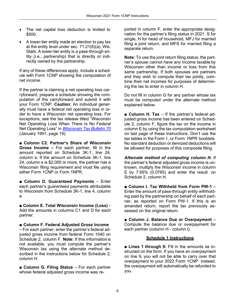 Instructions for Form 1CNP, IP-031 Composite Wisconsin Individual Income Tax Return for Nonresident Partners - Wisconsin, Page 6