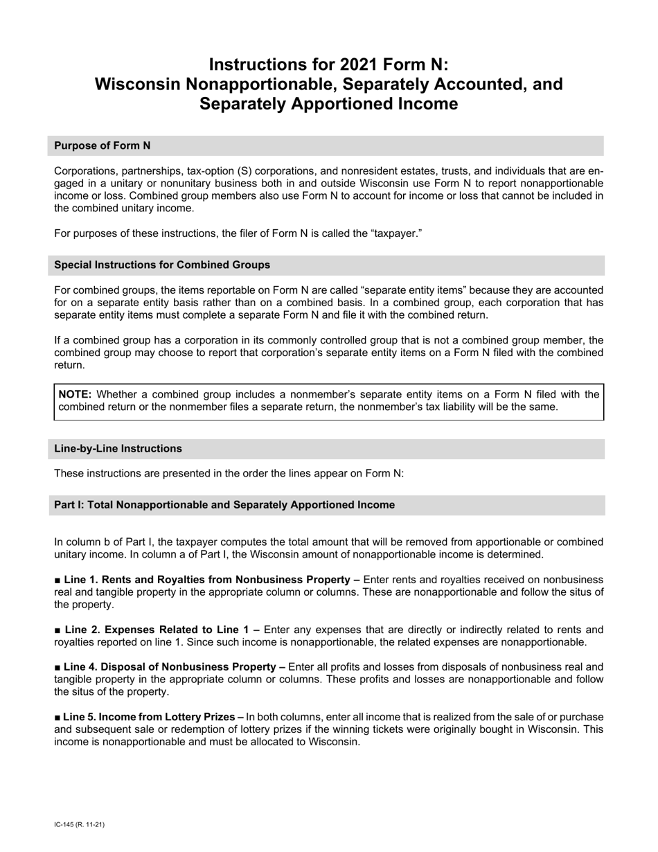 Instructions for Form N, IC-045 Wisconsin Nonapportionable, Separately Accounted, and Separately Apportioned Income - Wisconsin, Page 1