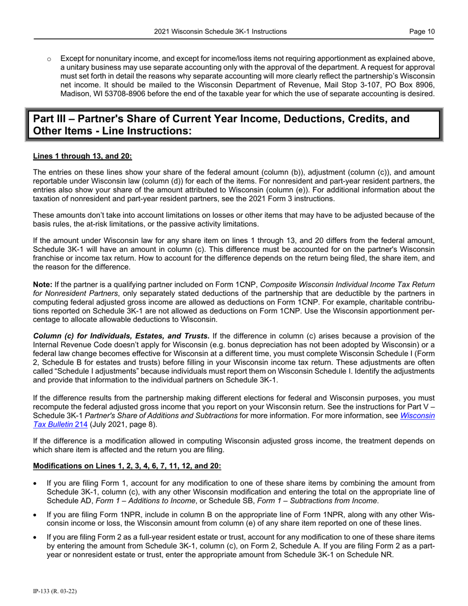 Instructions for Form IP-032 Schedule 3K-1 Partners Share of Income, Deductions, Credits, Etc. - Wisconsin, Page 11