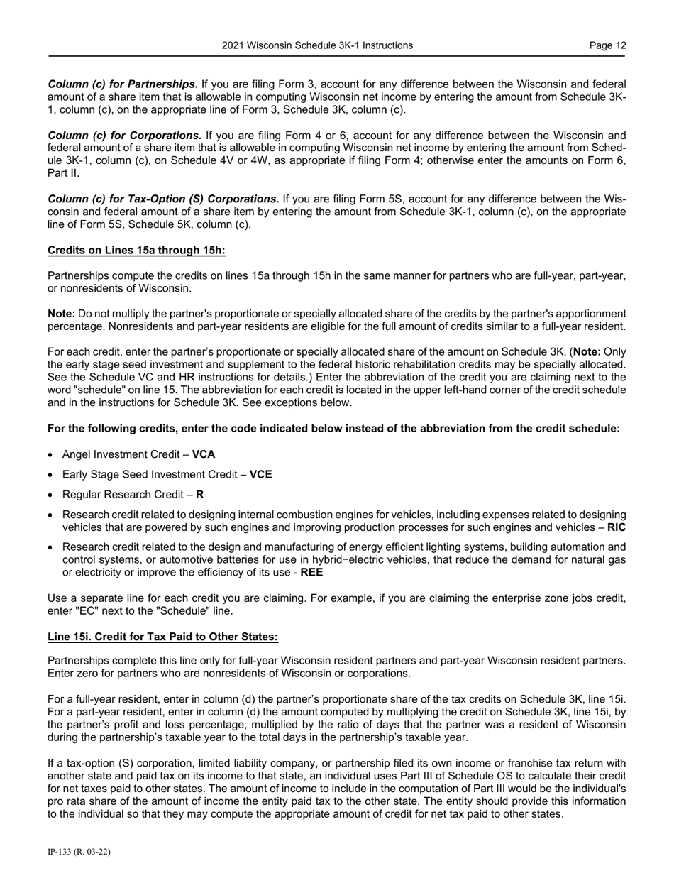 Instructions for Form IP-032 Schedule 3K-1 Partners Share of Income, Deductions, Credits, Etc. - Wisconsin, Page 13