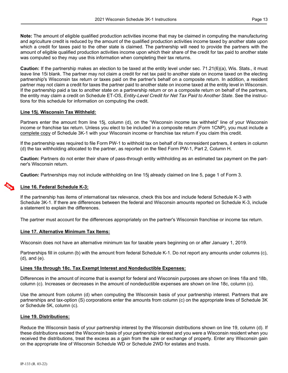 Instructions for Form IP-032 Schedule 3K-1 Partners Share of Income, Deductions, Credits, Etc. - Wisconsin, Page 14