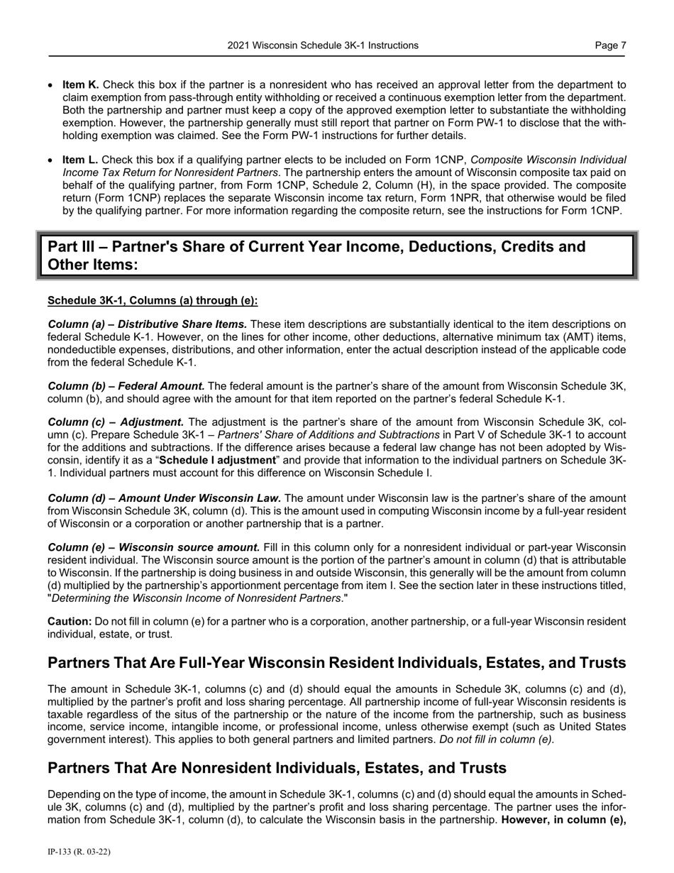 Instructions for Form IP-032 Schedule 3K-1 Partners Share of Income, Deductions, Credits, Etc. - Wisconsin, Page 8