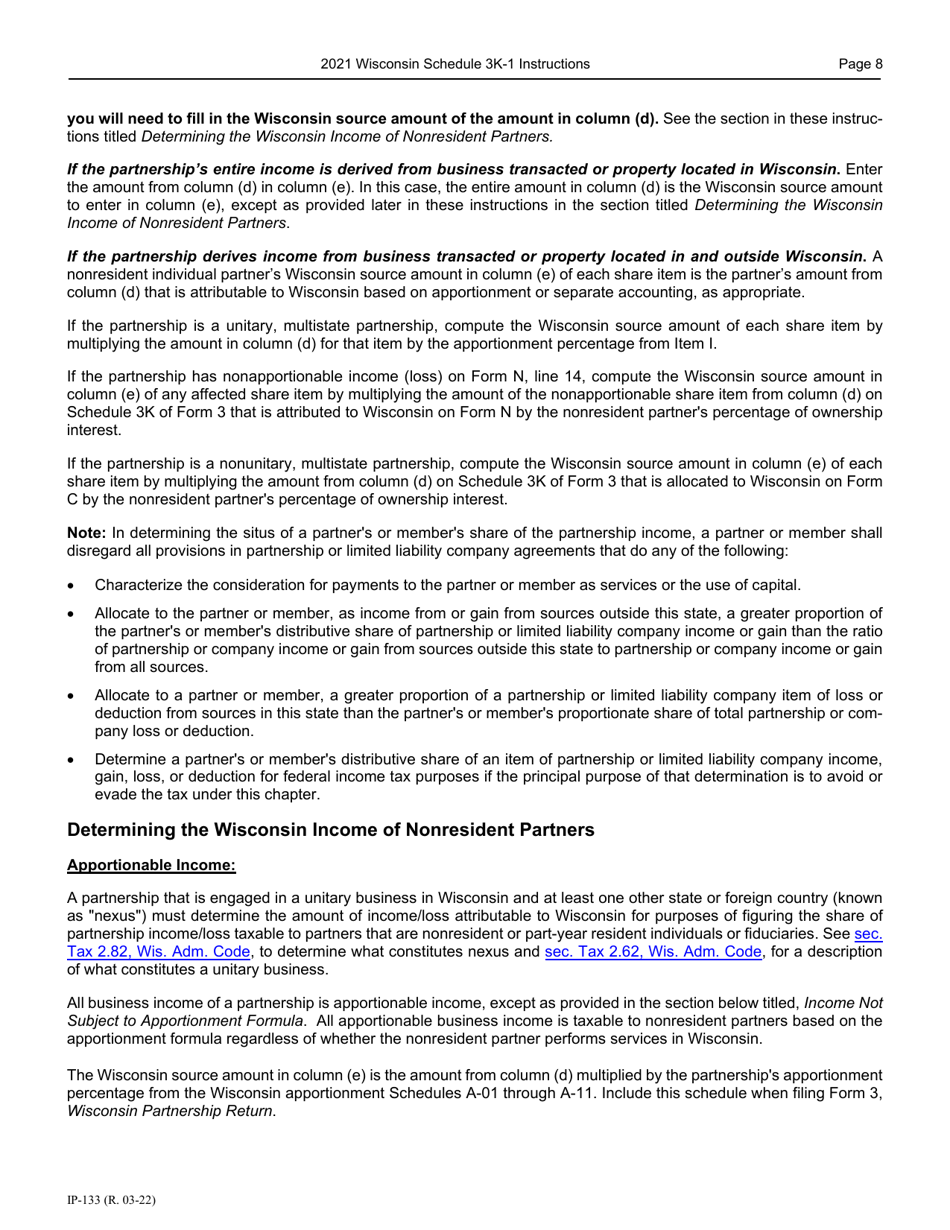 Instructions for Form IP-032 Schedule 3K-1 Partners Share of Income, Deductions, Credits, Etc. - Wisconsin, Page 9