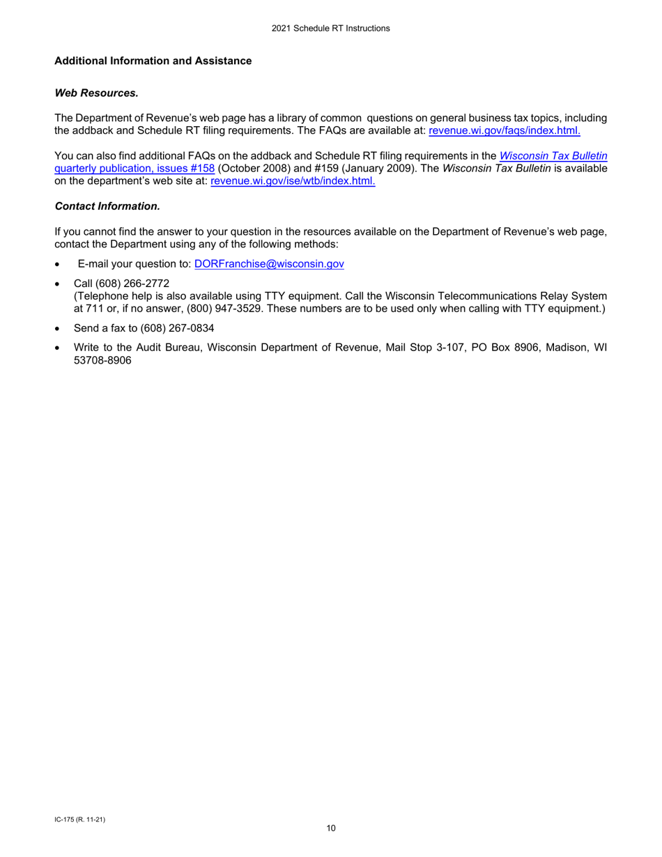 Instructions for Form IC-075 Schedule RT Wisconsin Related Entity Expenses Disclosure Statement - Wisconsin, Page 10