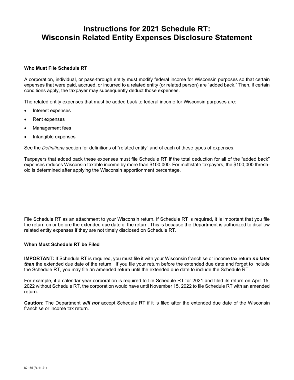 Instructions for Form IC-075 Schedule RT Wisconsin Related Entity Expenses Disclosure Statement - Wisconsin, Page 1