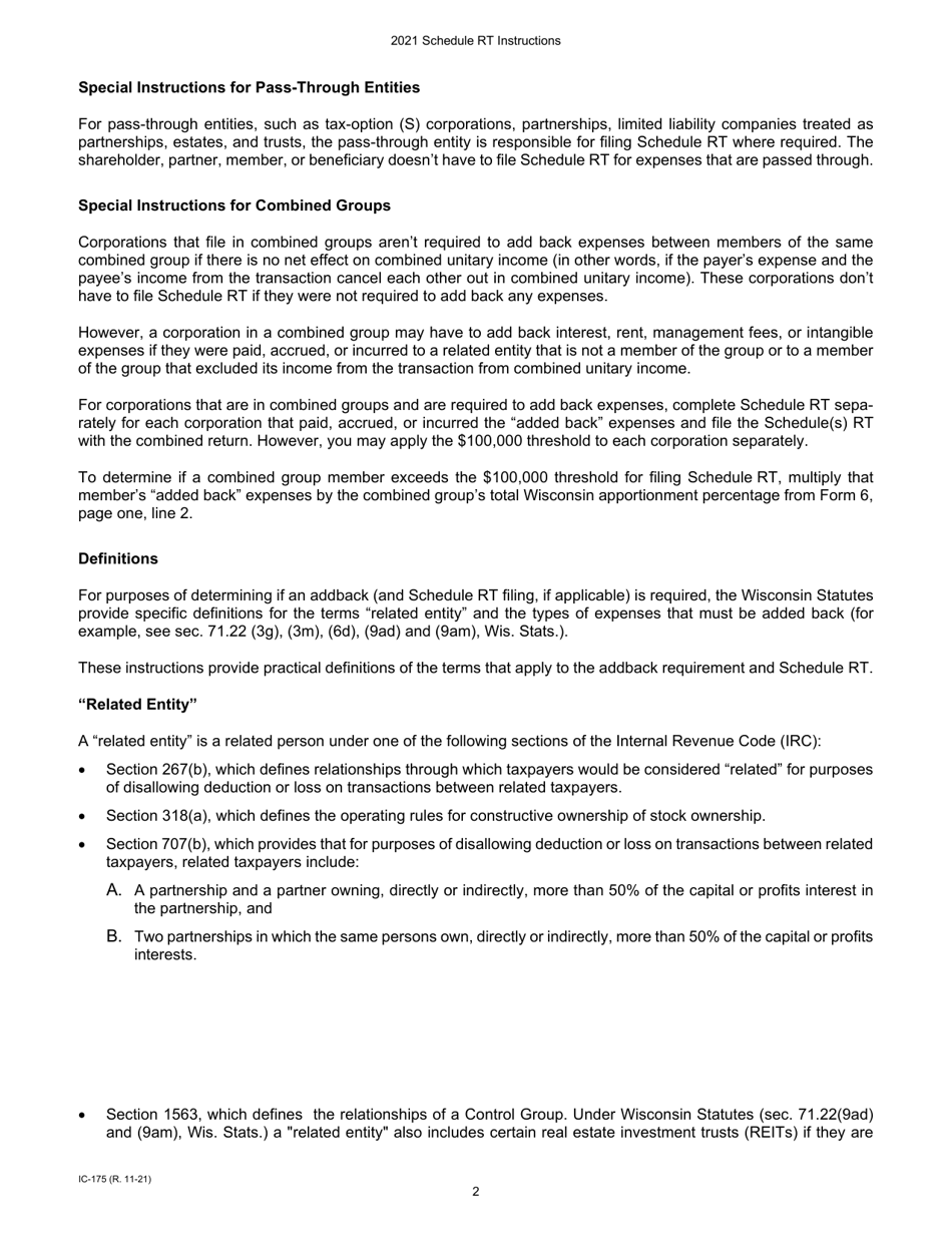 Instructions for Form IC-075 Schedule RT Wisconsin Related Entity Expenses Disclosure Statement - Wisconsin, Page 2