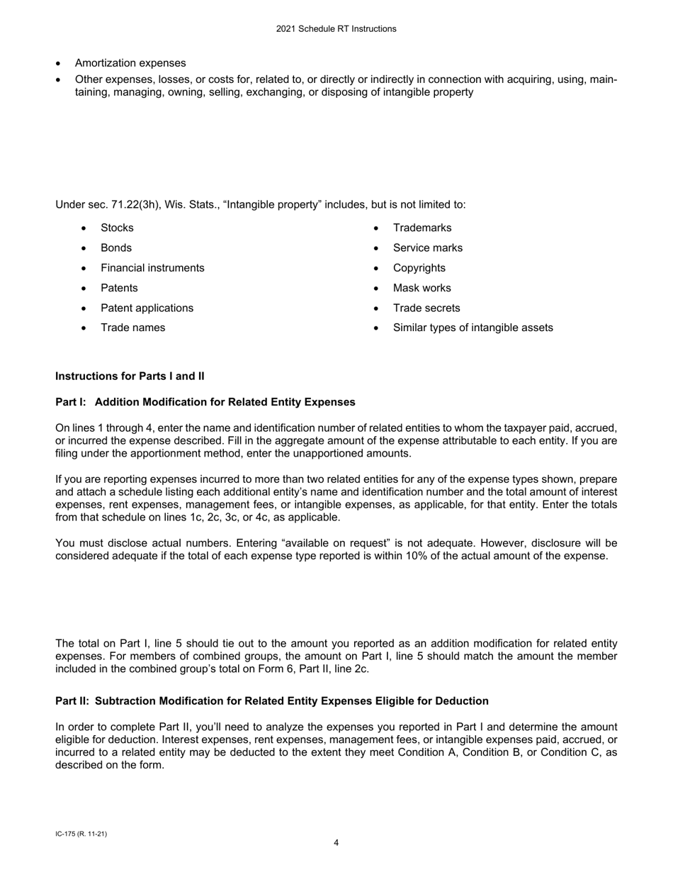 Instructions for Form IC-075 Schedule RT Wisconsin Related Entity Expenses Disclosure Statement - Wisconsin, Page 4
