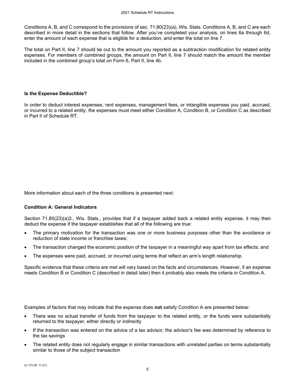 Instructions for Form IC-075 Schedule RT Wisconsin Related Entity Expenses Disclosure Statement - Wisconsin, Page 5