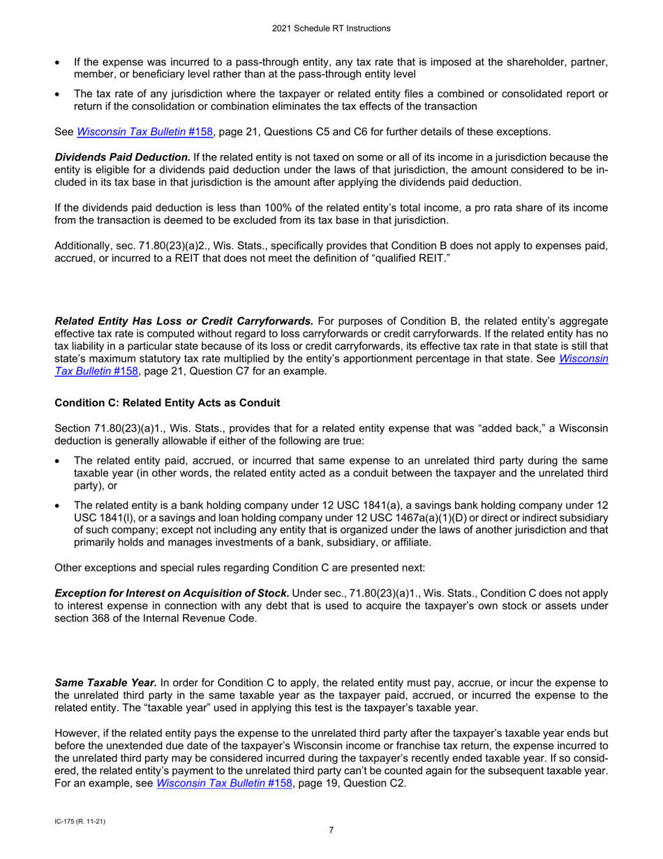 Instructions for Form IC-075 Schedule RT Wisconsin Related Entity Expenses Disclosure Statement - Wisconsin, Page 7