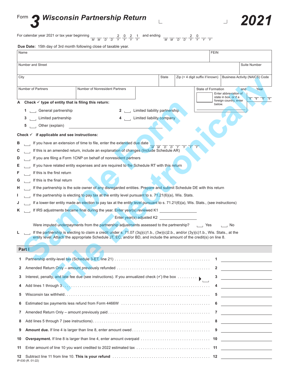 Form 3 (IP-030) Wisconsin Partnership Return - Sample - Wisconsin, Page 1