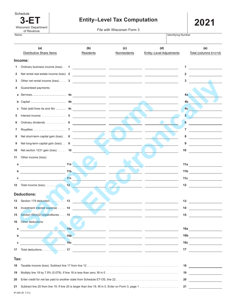 Form IP-040 Schedule 3-ET Entity-Level Tax Computation - Sample - Wisconsin, Page 1