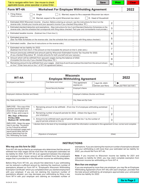 Form WT-4A (W-234) 2022 Printable Pdf