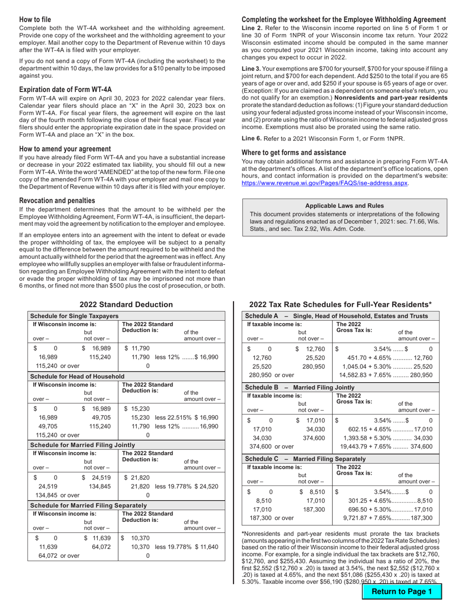 Form WT-4A (W-234) Worksheet for Employee Withholding Agreement - Wisconsin, Page 2