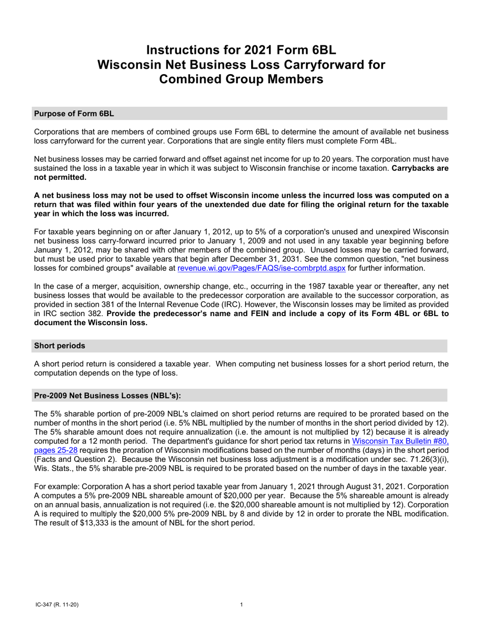 Instructions for Form 6BL, IC-247 Wisconsin Net Business Loss Carryforward for Combined Group Members - Wisconsin, Page 1