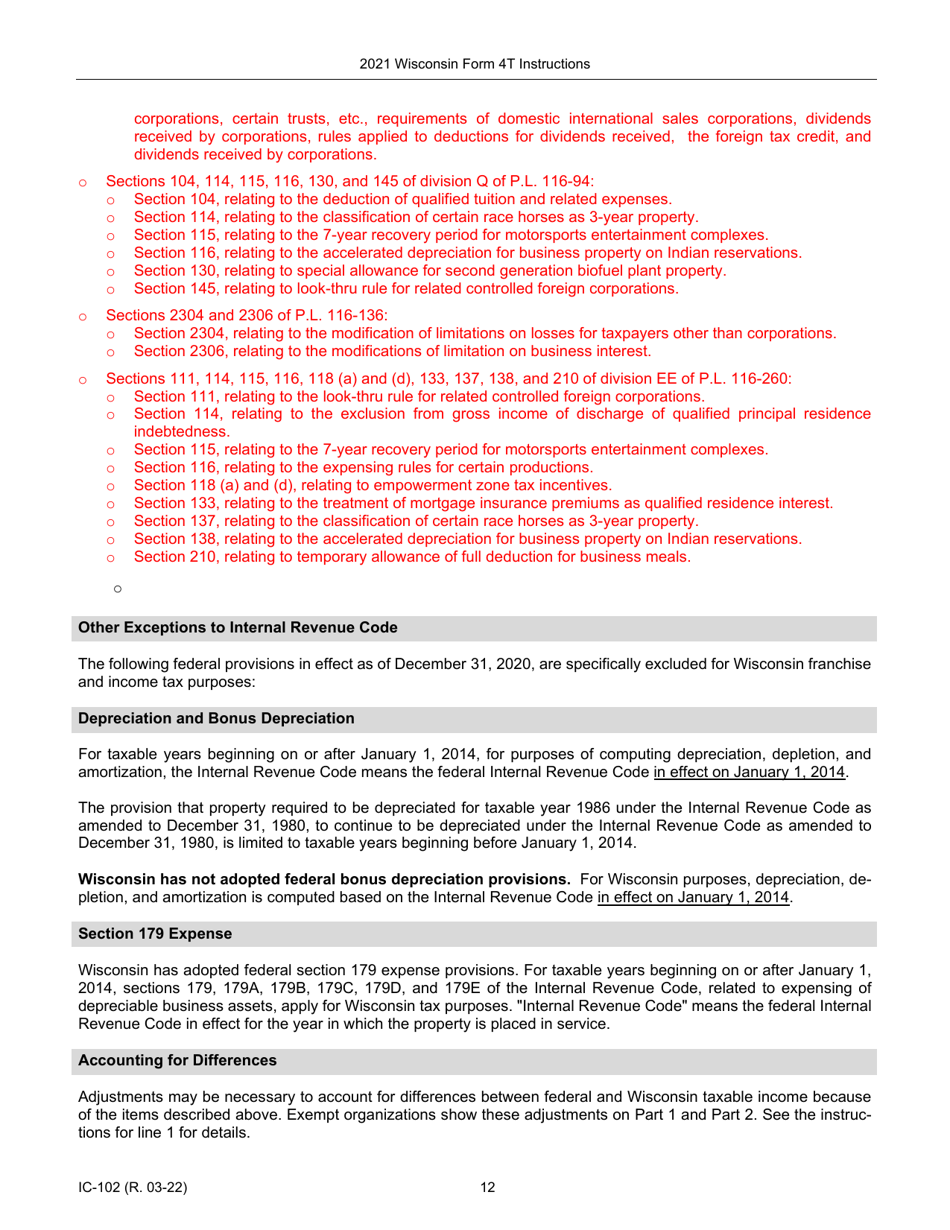 Instructions for Form 4T, IC-002 Wisconsin Exempt Organization Business Franchise or Income Tax Return - Wisconsin, Page 12